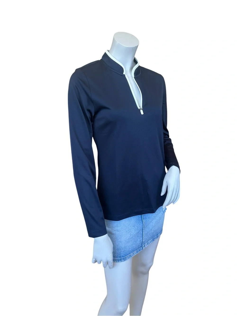 Tory Burch Sport Navy Blue & White 1/4 Zip Jersey Pullover Top Size Small